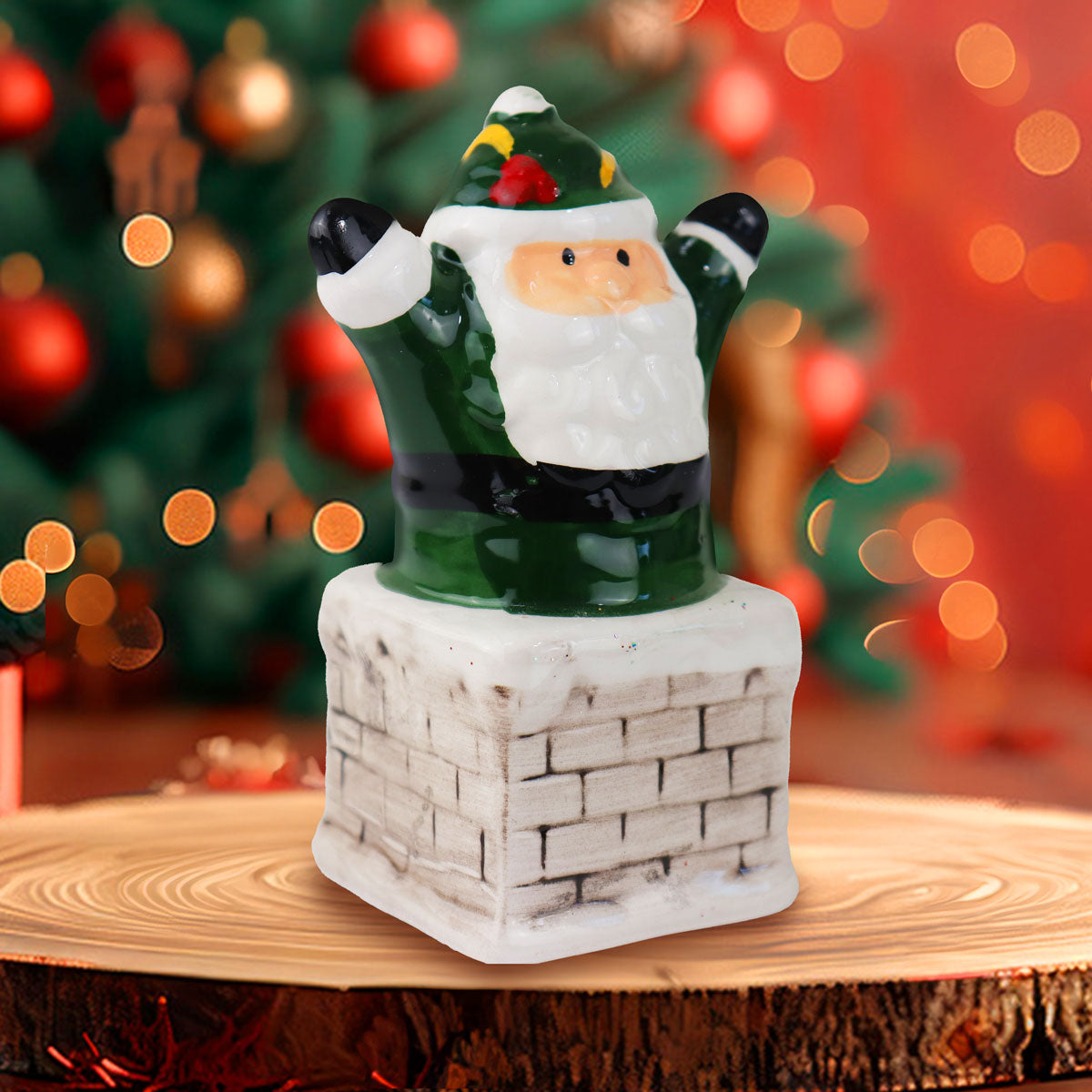 Santa Claus Chimenea, Figura Decorativa de Cerámica, Color Verde
