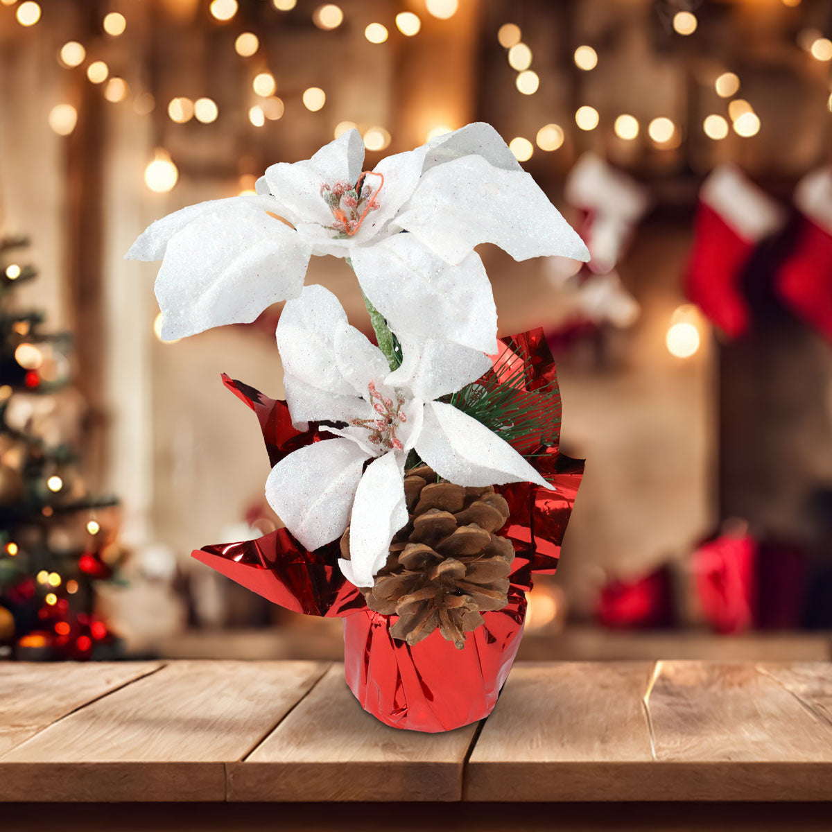 Nochebuena Artificial color Blanco con Maceta Decorativa