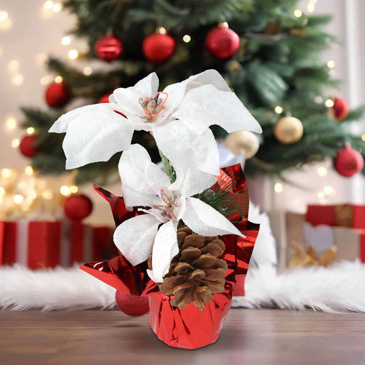 Nochebuena Artificial color Blanco con Maceta Decorativa