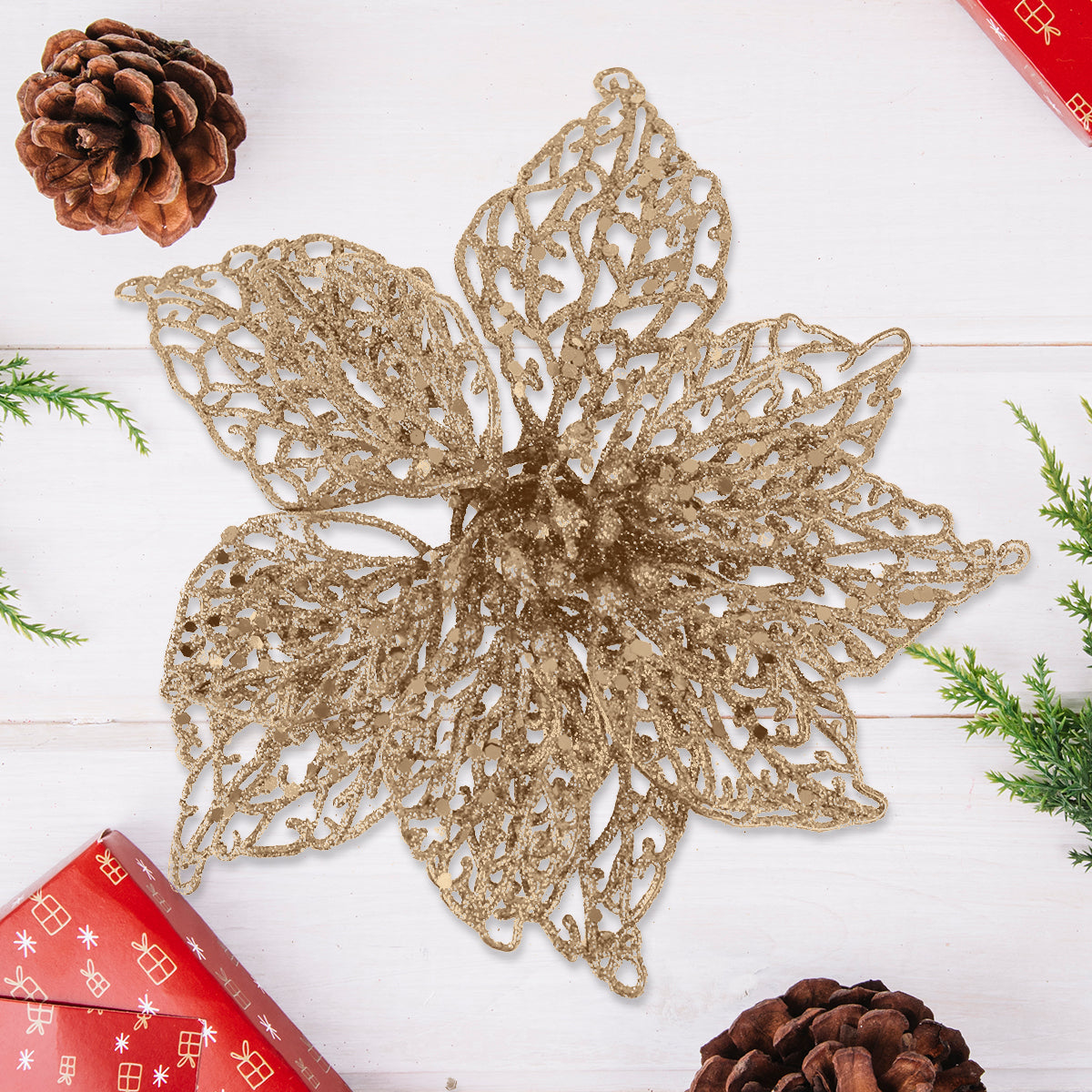 Flor Ornamento Navideño, Color Dorado, 2 pzas