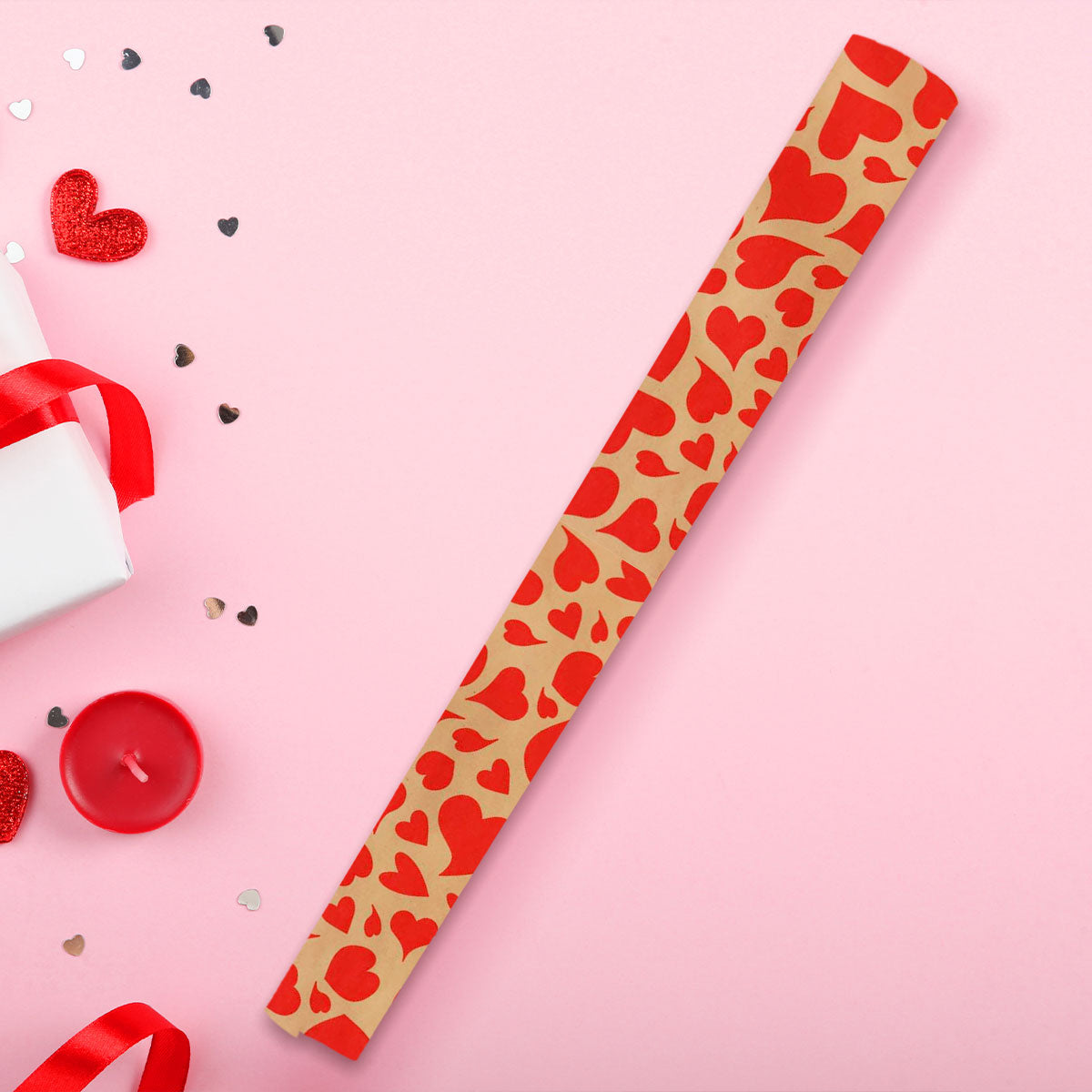 Papel de Regalo Kraft de Corazones, color Rojo