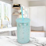 Vaso de Cristal con Tapa y Popote, Color Azul, 450 ml