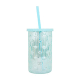 Vaso de Cristal con Tapa y Popote, Color Azul, 450 ml