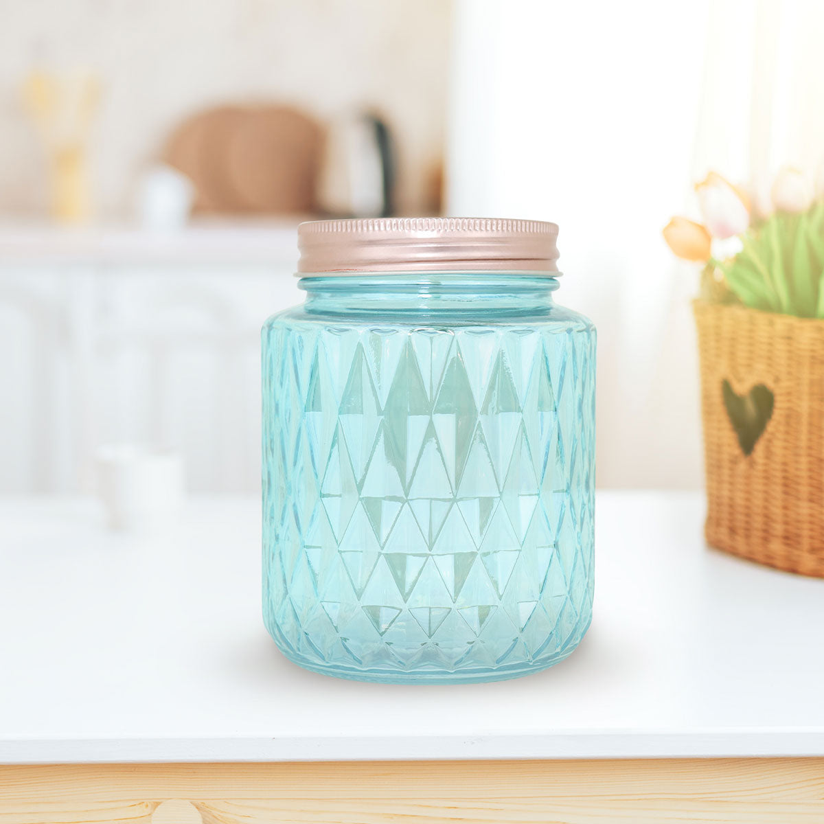 Frasco de Vidrio DiseÃ±o Rombos con Tapa, Color Azul, Capacidad 1000 ml