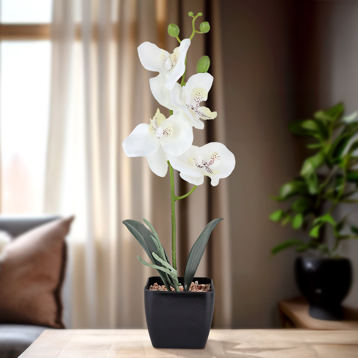 Maceta Clásica con Orquídea Artificial, Color Blanco