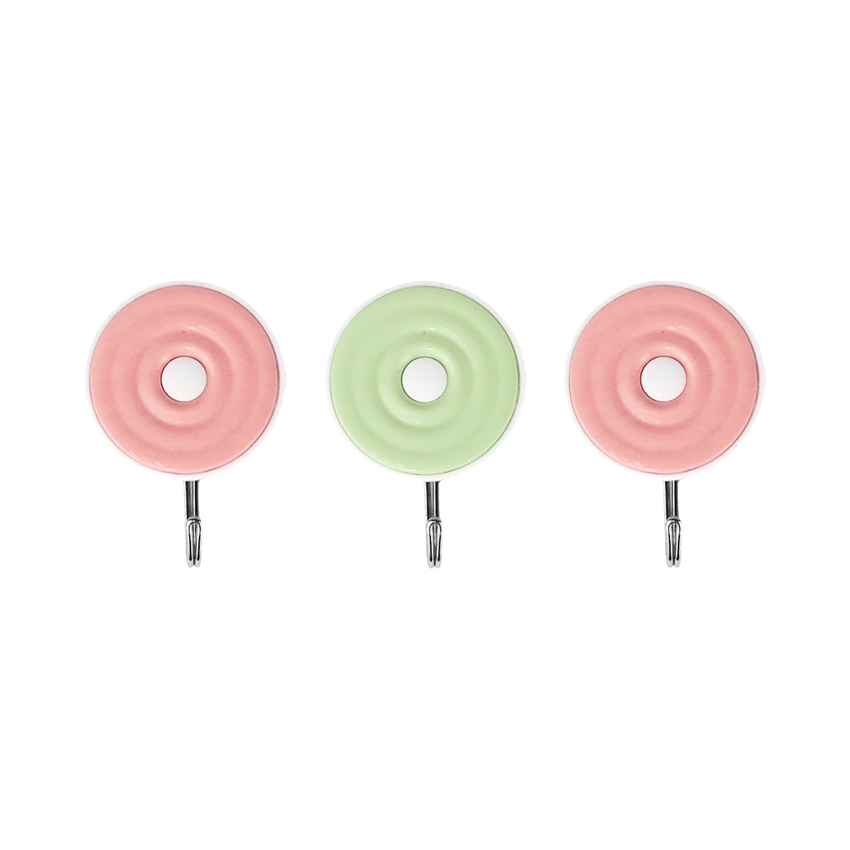Colgadores Metálicos Redondos Autoadhesivos, Color Rosa y Verde, 3 pzas