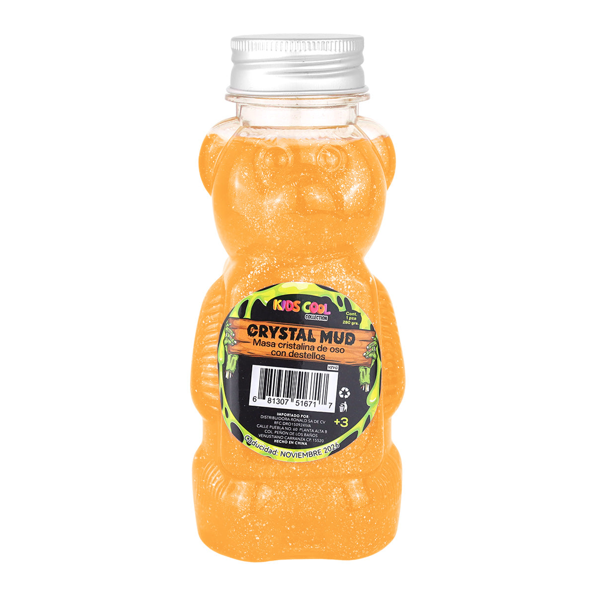 Slime Cristalino, Envase Oso, Color Naranja