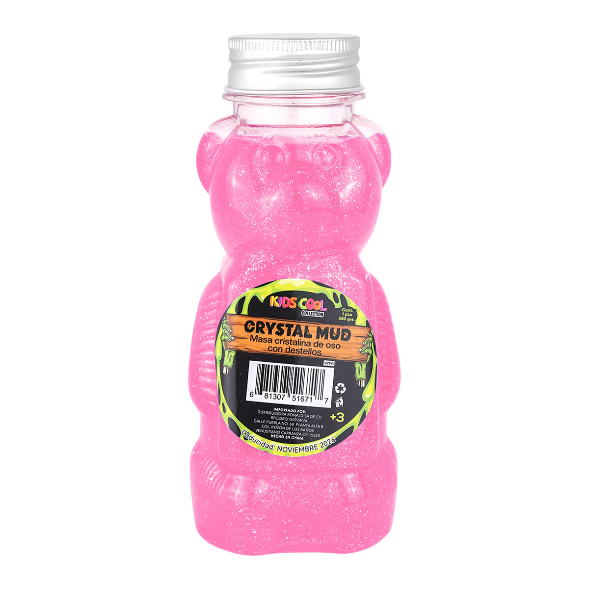 Slime Cristalino, Envase Oso, Color Rosa