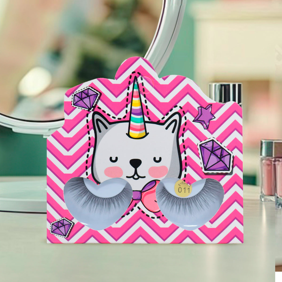 Pestañas Postizas, Empaque Rosa de Gatito con Cuerno de Unicornio
