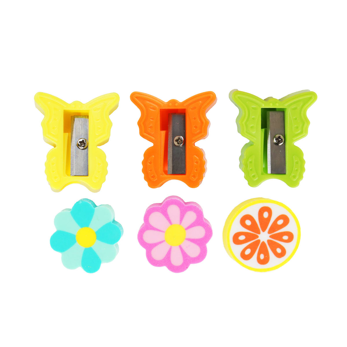 Set de Sacapuntas Mariposa + Gomas, 6 pzas