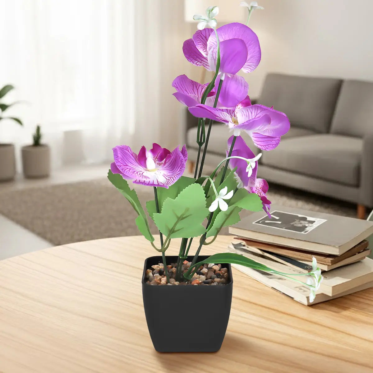 Orquídea Mariposa Artificial con Maceta, Color Morado y Blanco