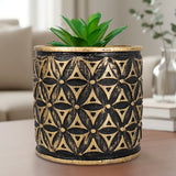 Maceta con Planta Artificial, Diseño Cilindro con Patrón, Color Dorado
