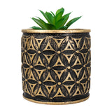 Maceta con Planta Artificial, Diseño Cilindro con Patrón, Color Dorado
