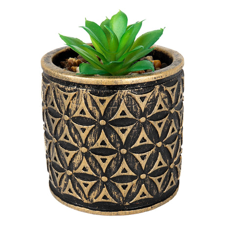 Maceta con Planta Artificial, Diseño Cilindro con Patrón, Color Dorado