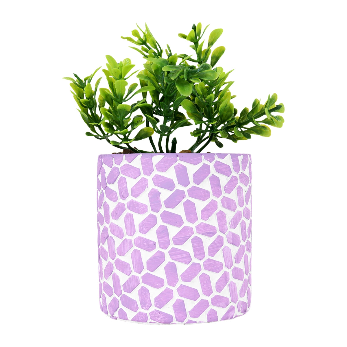 Maceta con Planta Artificial, Diseño con Patrón Figuras, Color Lila