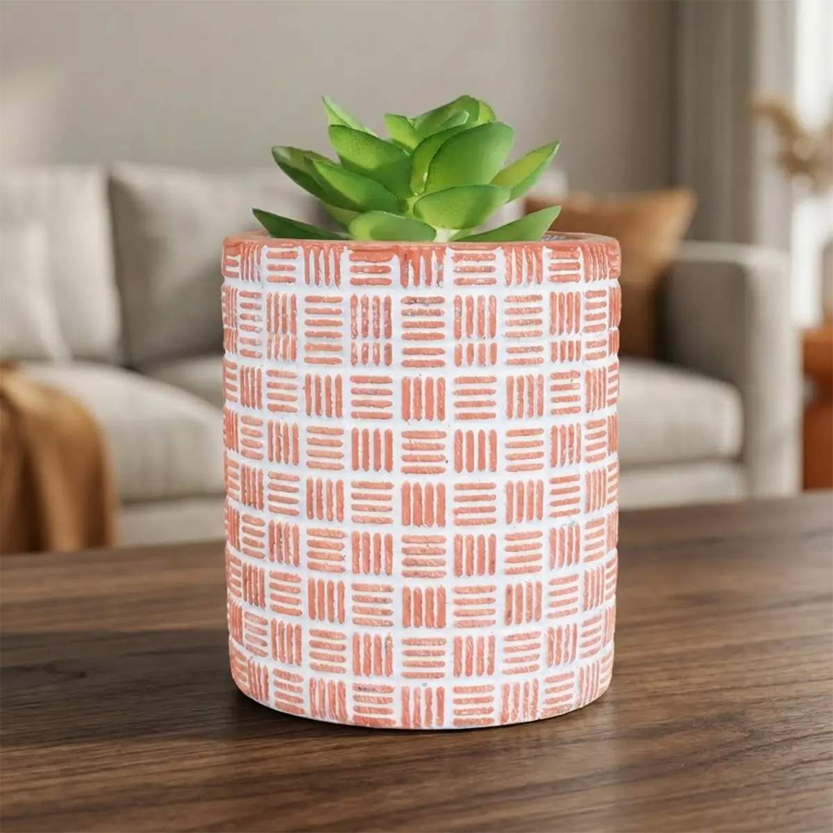 Maceta con Planta Artificial, Diseño Cilindro, Color Naranja
