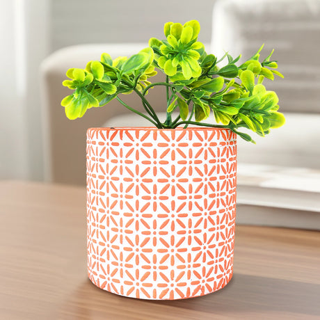 Maceta con Planta Artificial, Diseño con Patrón Flores, Color Naranja