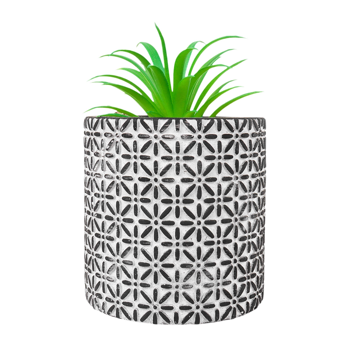Maceta con Planta Artificial, Diseño con Patrón Flores, Color Negro