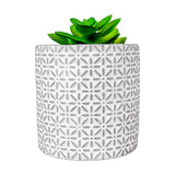 Maceta con Planta Artificial, Diseño con Patrón Flores, Color Gris