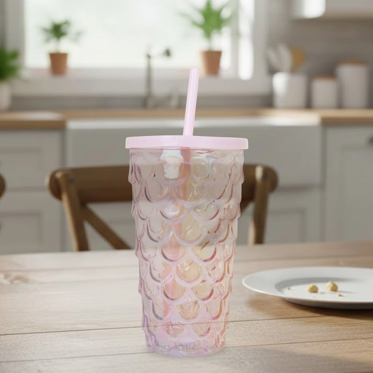 Vaso de Plástico con Tapa y Popote, Sirena, Color Rosa