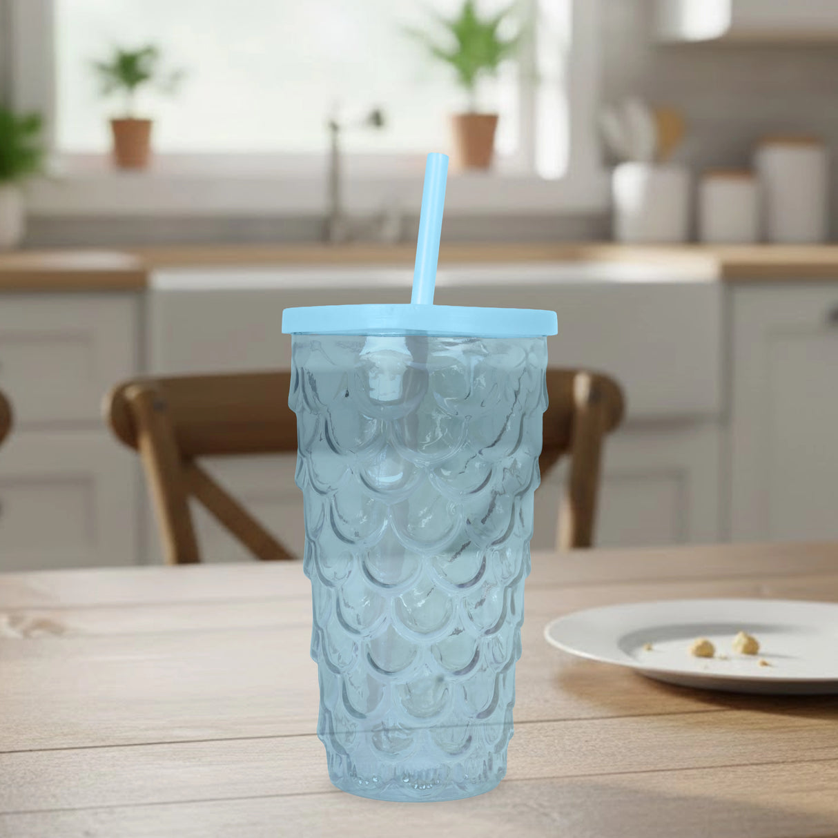 Vaso de Plástico con Tapa y Popote, Sirena, Color Azul