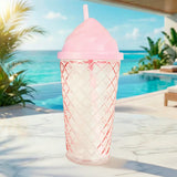 Vaso de Cristal con Tapa y Popote, Helado, Color Rosa