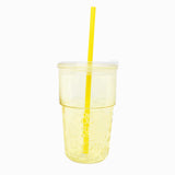 Vaso de Cristal con Tapa y Popote, Relieve Frutas, Color Amarillo