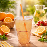 Vaso de Cristal con Tapa y Popote, Relieve Frutas, Color Naranja