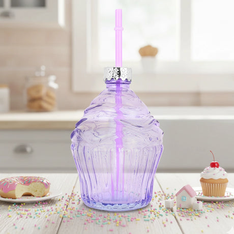 Vaso de Cristal con Tapa, Diseño Cupcake, Color Lila