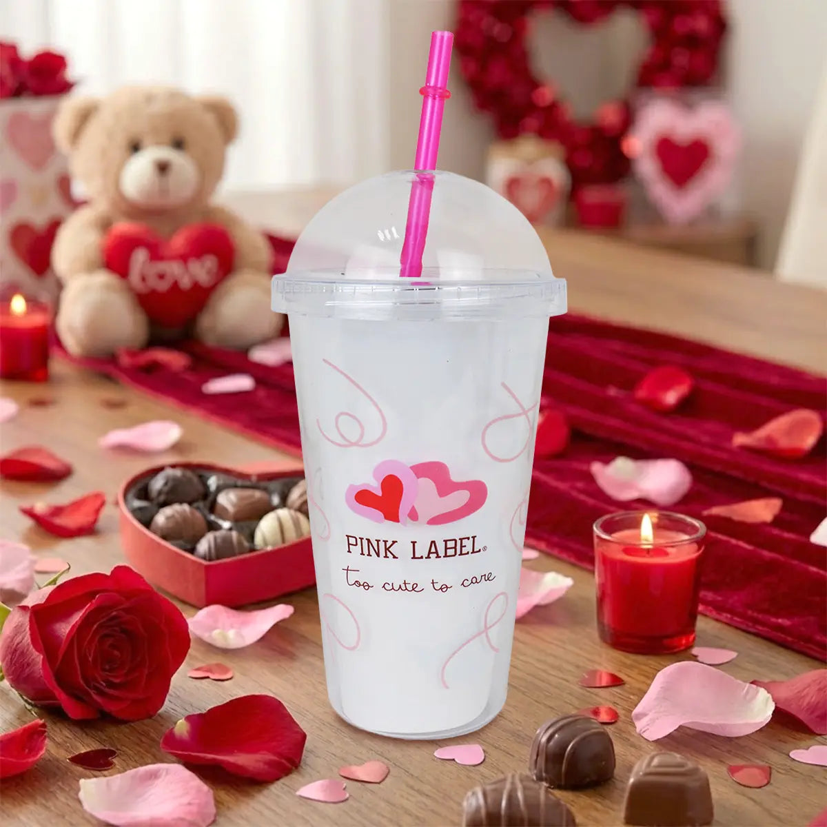 Vaso de Plástico con Tapa y Popote, Pink Label, Too Cute