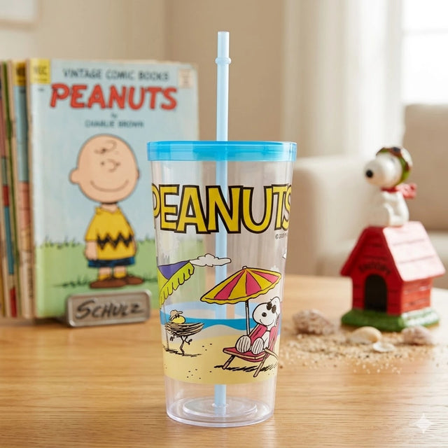 Vaso de Plástico con Tapa y Popote, Snoopy, Color Azul, 900 ml
