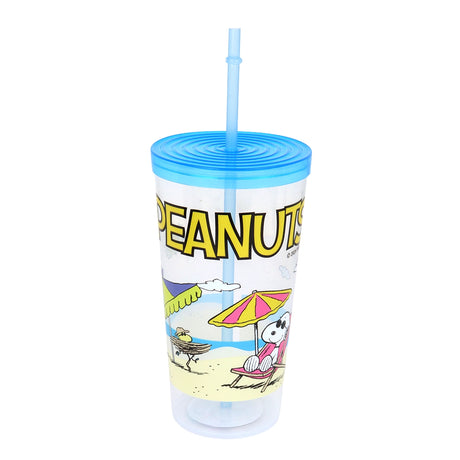 Vaso de Plástico con Tapa y Popote, Snoopy, Color Azul, 900 ml