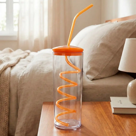 Botella de Agua con Popote, Color Naranja, 320 ml