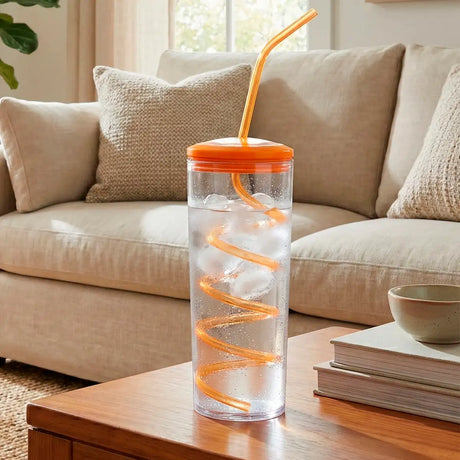 Botella de Agua con Popote, Color Naranja, 320 ml