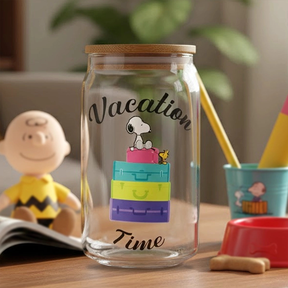 Vaso de Cristal con Tapa, Vacation Time, 500 ml