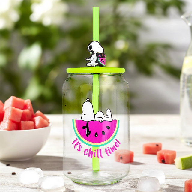 Vaso de Cristal con Tapa, Penauts, Color Verde