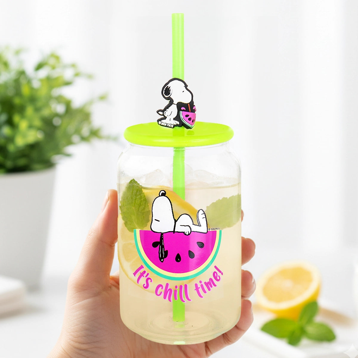 Vaso de Cristal con Tapa, Penauts, Color Verde