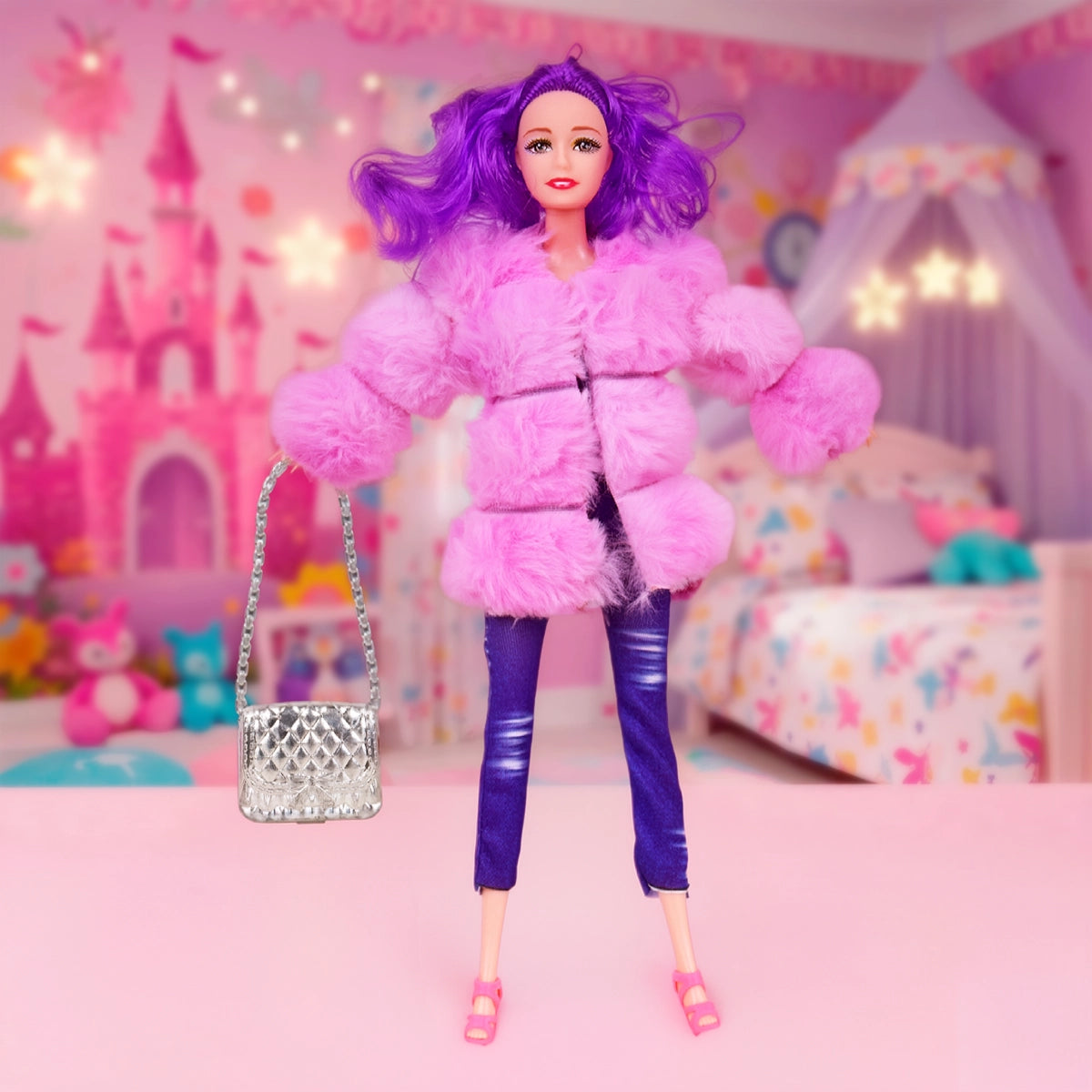 Muñeca, Abrigo Morado de Peluche