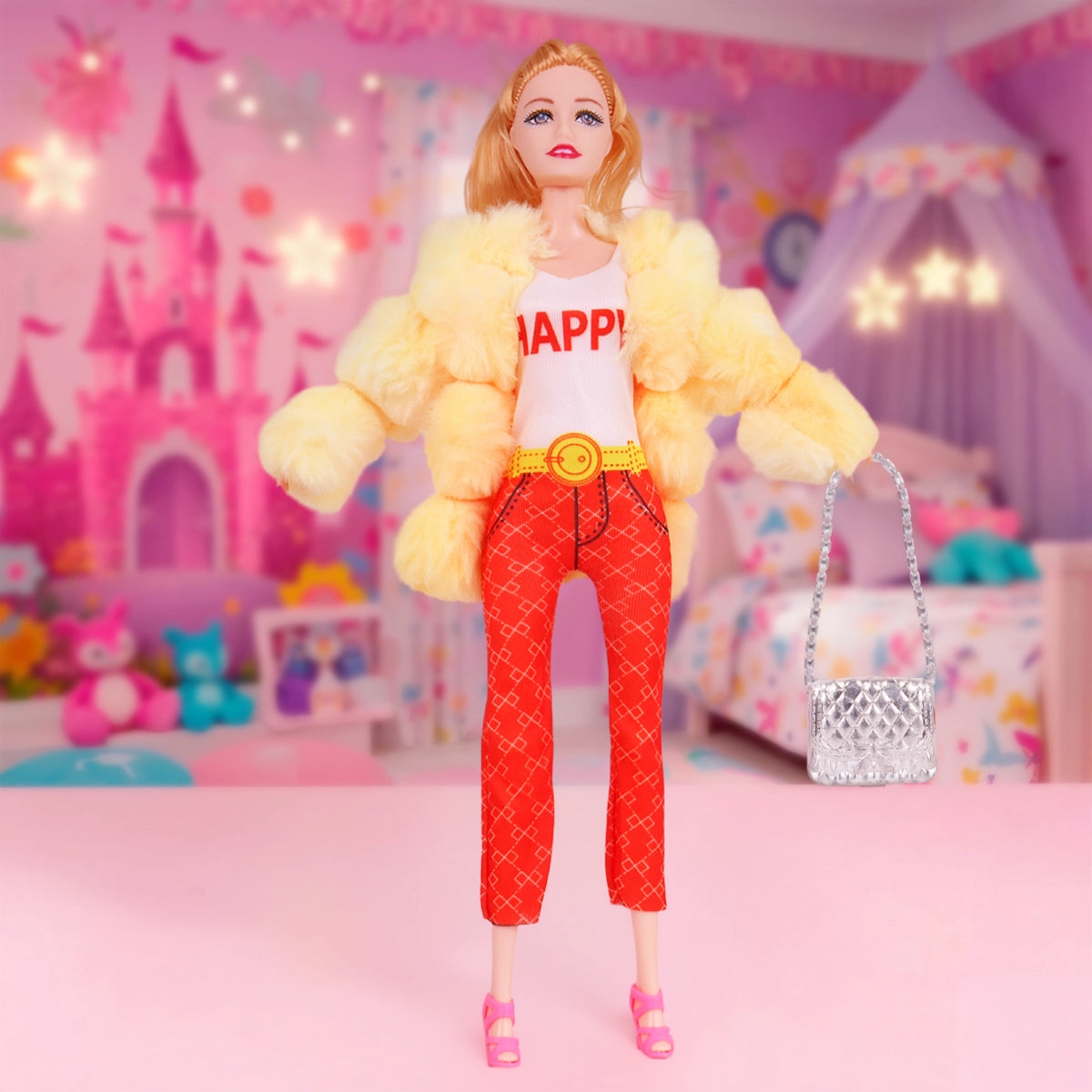 Muñeca, Abrigo Amarillo de Peluche