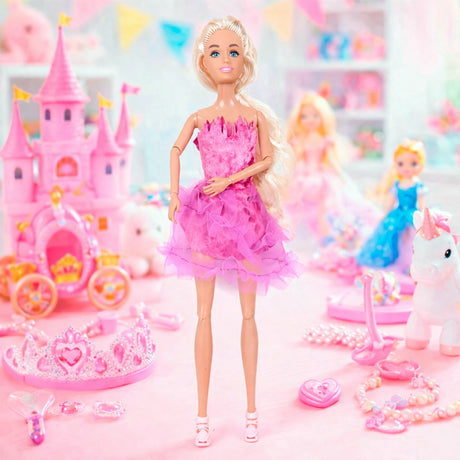 Muñeca con Vestido Brillante, Color Rosa