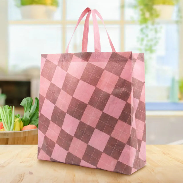 Bolsa Reutilizable Plegable, Diseño Cuadros, Color Rosa