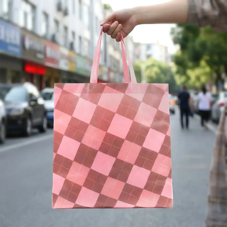 Bolsa Reutilizable Plegable, Diseño Cuadros, Color Rosa