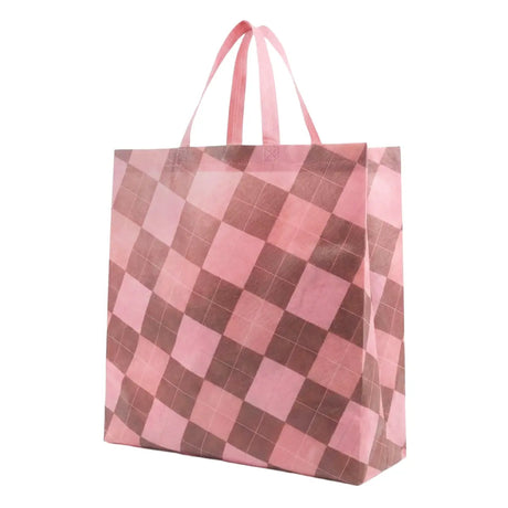 Bolsa Reutilizable Plegable, Diseño Cuadros, Color Rosa