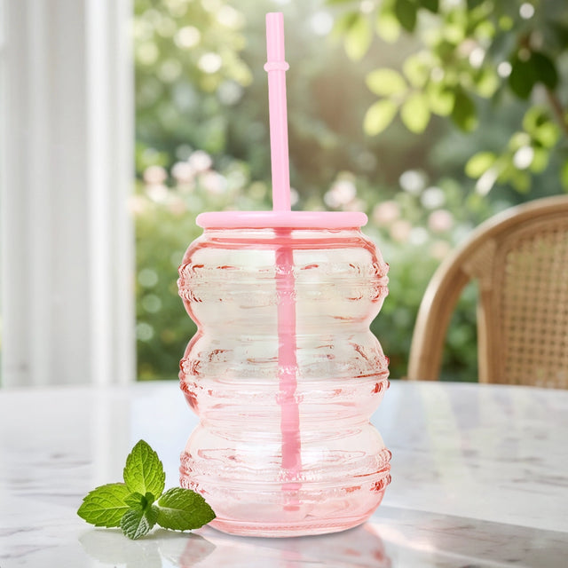 Vaso de Cristal con Tapa, Color Rosa