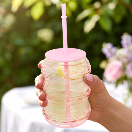 Vaso de Cristal con Tapa, Color Rosa
