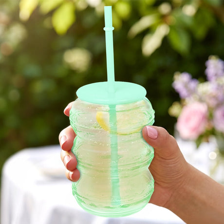 Vaso de Cristal con Tapa, Color Verde