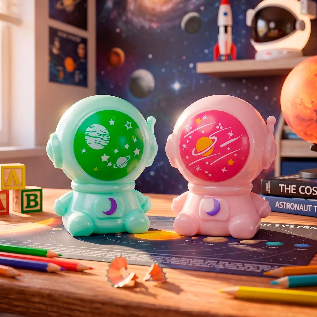 Sacapuntas, Astronauta, Color Verde y Naranja