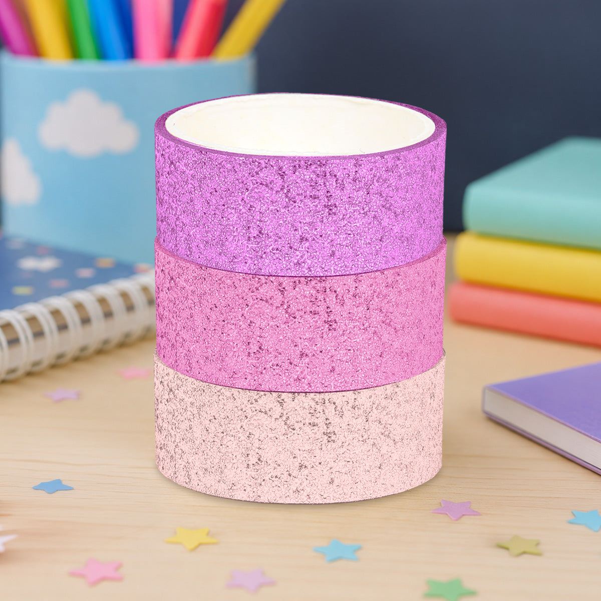 Cinta con Diseño, Glitter, Color Rosa, 3 pzas