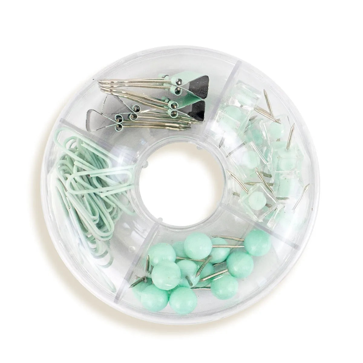 Estuche Dona con Clips y Pines, 64 pzas, Color Verde