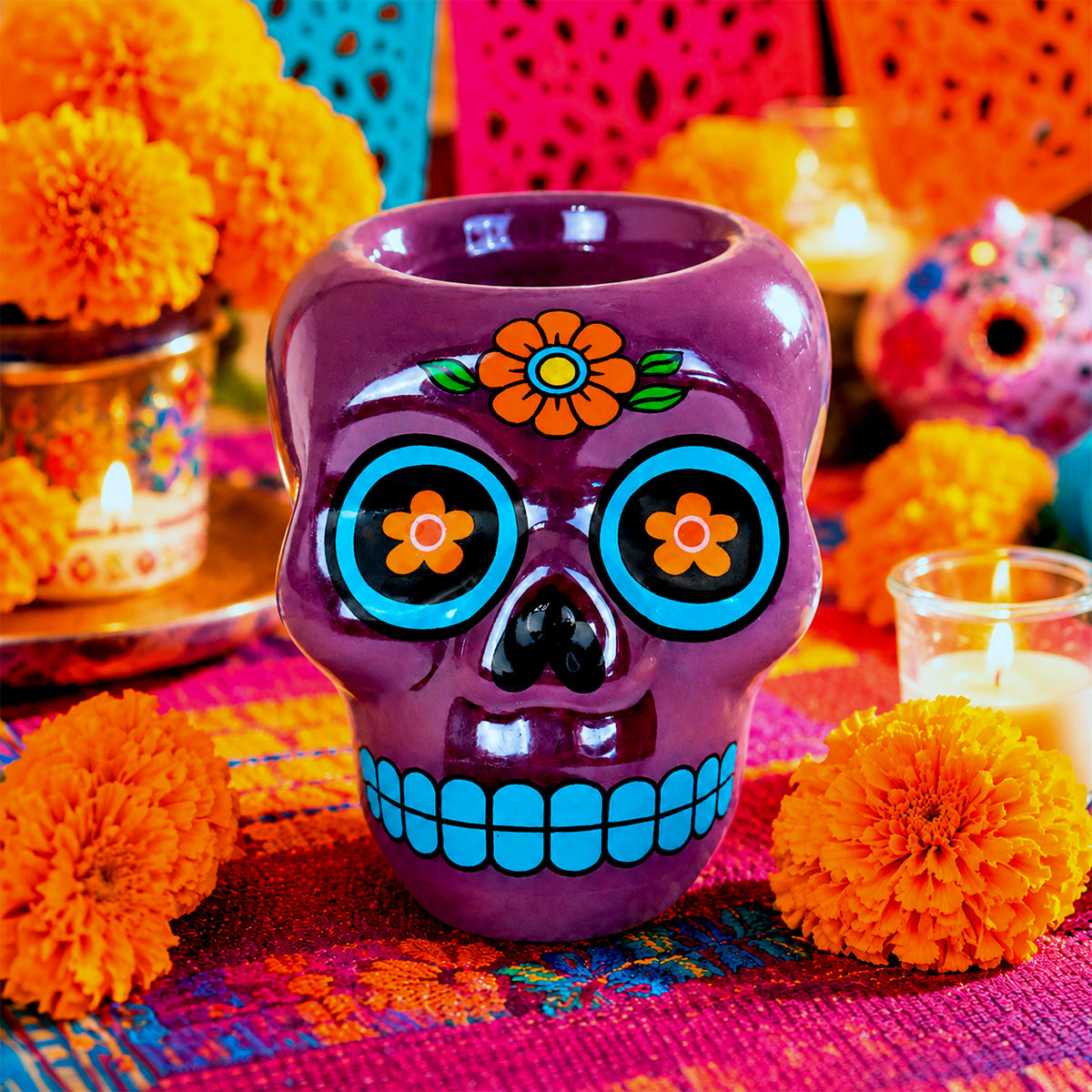 Calavera de Azúcar, Figura de Cerámica, Color Morado